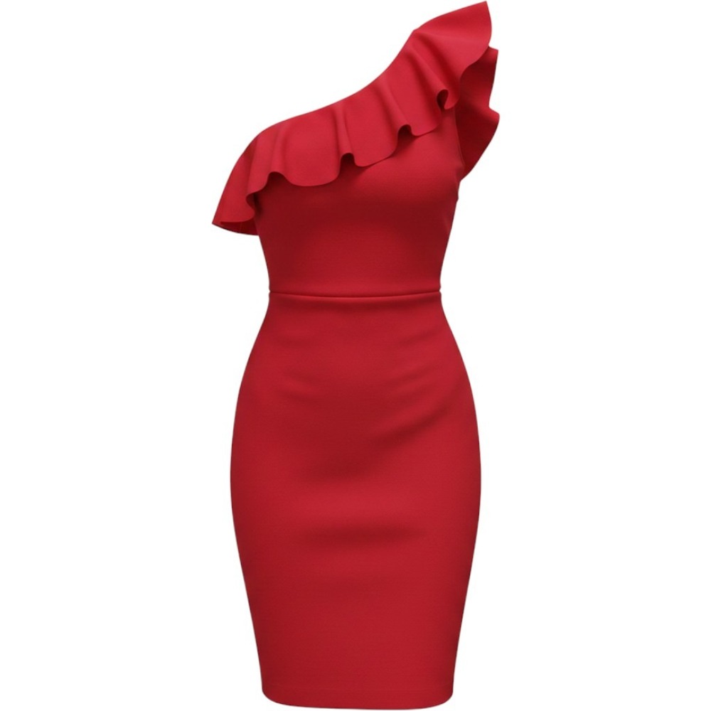 Carmen Marc Valvo Infusion Red One Shoulder Ruffle Sheath Cocktail Dress 2